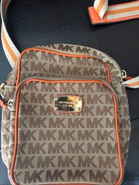 Michael Kors Brown and Orange MK Logo Crossbody Bag